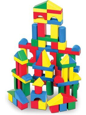 100 Piece Ages 2+ 4 Colors 9 Shapes Wooden Building Blocks Sorting Stacking Toys
